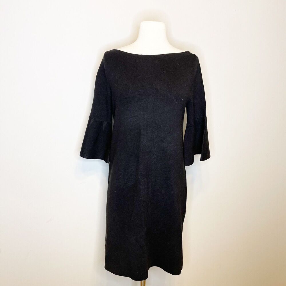 Ann Taylor LOFT Outlet Size Small Dress Black Knit Shift Bell Sleeve‎ Boat Neck - Picture 2 of 8